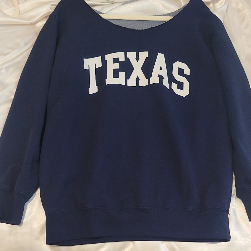 Brandy Melville Navy Blue Off-the-Shoulder Sweater with White TEXAS Logo